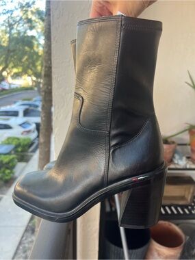 Franco Sarto Penelope genuine Black Leather Mid-Calf square toe Block Heel Boots